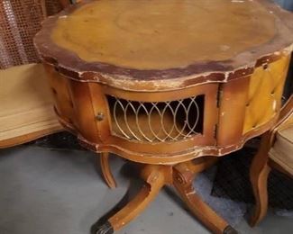 Antique Leather inset Drum table on casters (3) available (1) Large 30" diam x 34"H  (2) Medium 27"diam x 28"H (all need work) $295 for all