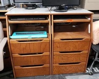 (5) Assorted Kiosk or stand up solid oak workstations with pull-out shelf for keyboard & 3 drawers 22.5"W x 24"D x 37.25"H         $95 ea $450 for all 5 
