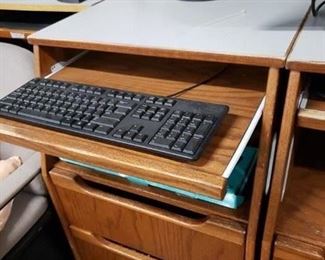 (5) Assorted Kiosk or stand up solid oak workstations with pull-out shelf for keyboard & 3 drawers 22.5"W x 24"D x 37.25"H         $95 ea $450 for all 5 