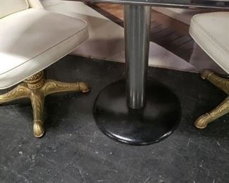 MCM Pink rectangular formica top with white & gray floral design on opposite corners,  chrome trim & base cylinder with black painted round metal base  41" x Table only $295 Off-white vinyl swivel chairs on gold metallic legs Chairs only $295  Set complete $495   