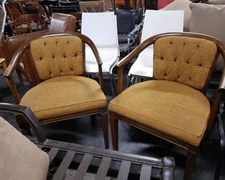(2) Vintage MCM Solid Wood Camel colored padded fabric seat 7 back barrel armchair  $295