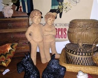 Little boy figures; old baskets
