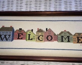 Needlepoint framed "Welcome" sign