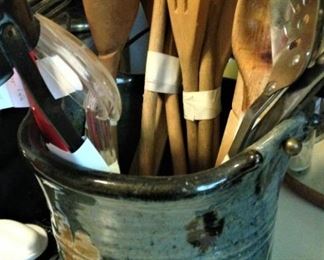 Crock and wooden utensils