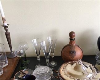 Vintage Amethyst glass sugar and creamer. Vintage bar ware. Champagne flutes. Vintage servers.