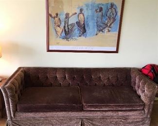 Mid Century sofa tufted brown velvet. 