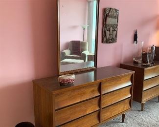 Mid Century Modern dressers wastebasket mirror walnut and in pristine condition