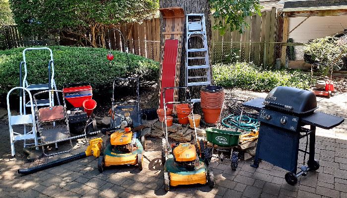 Simplicity chipper, Echo weed whacker, leaf blower, Yardman 6hp lawn mower, 5 piece table set, glass and clay pots, Maxfire gas grill, step ladders