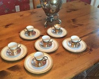 6 Lenox and sterling demitasse cup and saucers with a silver plate server. 