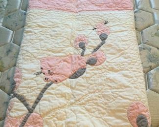 Vintage embroidered appliqué “Pussy Willow” crib quilt with beautiful quilting. 
