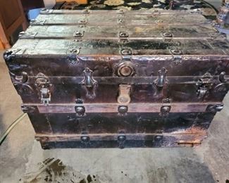Big Black Vintage Trunk with Brass Handles and Pieces