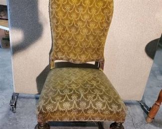 Vintage Green Fabric Chair with Engraved Back and Legs