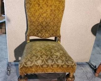 Green Fabric Chair with Engraved Back and Legs