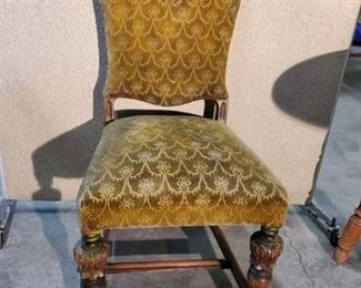 Green Fabric Chair with Engraved Back and Legs