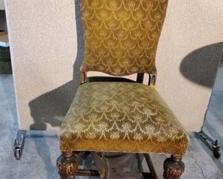 Green Fabric Chair with Engraved Back and Legs