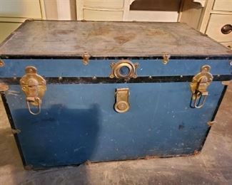 Blue Vintage Trunk with Brass Latches and Inside Removable Shelf