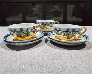 Japanese Painted 3 Tea Cups & 6 Saucers