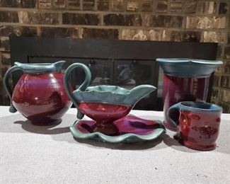 Lot of 5 Piece Stoneware Decor Set ( Pitcher, Gravy Boat & Tray, Coffee Mug and Vase)