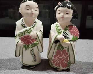 Pair of Cute Ceramic Painted Oriental Boy & Girl