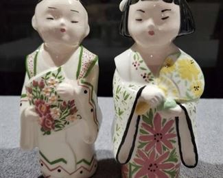 Pair of Cute Ceramic Painted Oriental Boy & Girl
