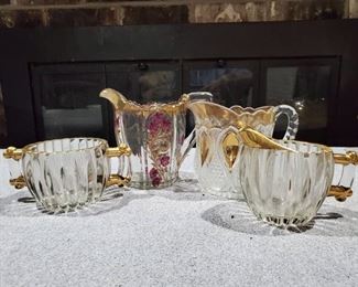 Lot of 2 Antique Painted Pitchers and Sugar and Creme Dishes