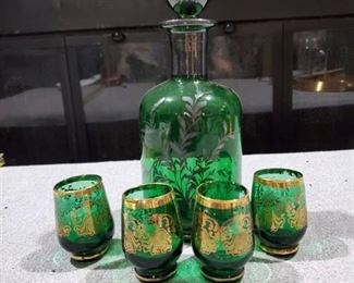 Vintage Dark Green Decanter and 4 Shooter Glasses
