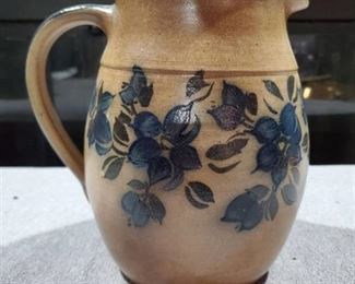 Beige & Navy Blue Stoneware Pitcher - Hand Painted Floral Design