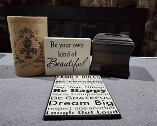 Lot of 4 Decorative Pieces ( Burlap Vase, Tissue Holder, Family Rules, & Your Own Kind of Beautiful)