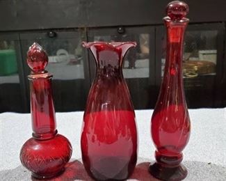 Lot of 3 Cranberry- 2 Genie Bottles & 1 Vase