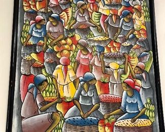 $195 Haitian painting market scene: 21" W x 24.5" H. 