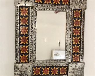 $60 Metal mirror with sunflowers and tile 16" W x 20" H. 