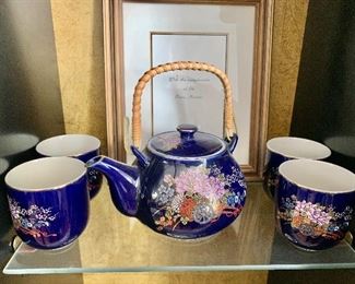 $35 Japan tea set.  Teapot 6" W, 7" H; tea cups  2.5" H, 2.75" diam. 