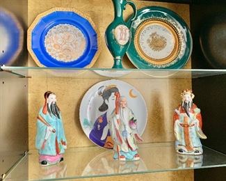 $20 each item; dishes and statues.  Gold-rimmed plate (Rosenthal Maria) 10.25" diam; green-rimmed plate (hand made in Italy) 11.25" diam; green ewer (hand made in Italy) 10" H.  Figures each approx 8.5" H.  Figures SOLD