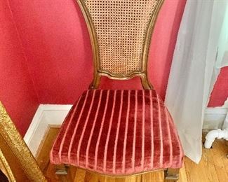 $395 4 Striped velvet, vintage chairs with cane backing. 20.5" W, 19" D, 41" H. 