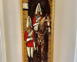 $250 Signed Soldiers or guards on horse painting  13.75" W x 37.5" H. 