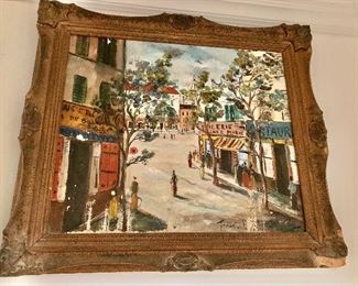 $295 Street scene painting signed: 33.5" W x 29" H. AS IS