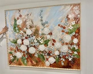 $450 Large floral painting signed: 61" W x 49" H. 