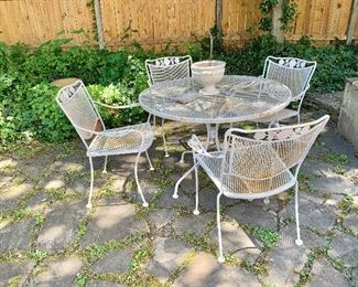 $175 Patio set table: 42" diam, 29" H.  Chairs: 26" W, 18.5" D, 33" H.