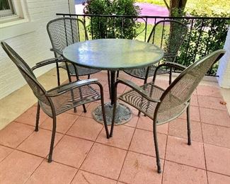 $160 Table: 36" diam, 28.5" H.   $120 Chairs 20" W, 18.5" D, 36" H. 