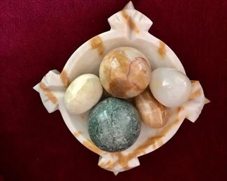 $50 Alabaster dish with eggs and stones 8" x 8", 1.75" H. 