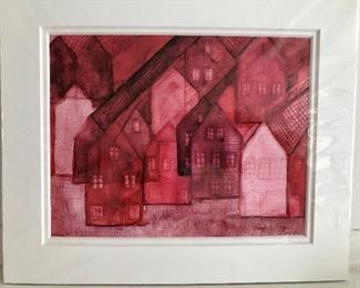 Shades of pink houses signed print.  12" W x 10" H.  