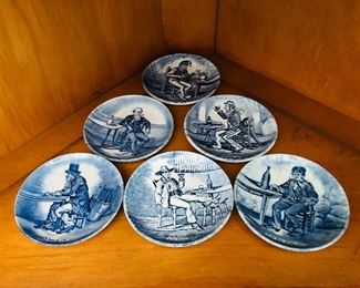 $50 Set of 6 blue and white "Men in Pub" Delft dishes.   Approx 4" diam.  