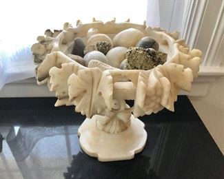 $120  Marble, pedestal dish with stones inside 12" diam, 10" H. 