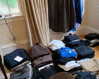 We have LOTS of clothing! Mostly mens, size M/L, pants are 36/30 and shoes are mostly 9-10- Come buy a new wardrobe for a fraction of the price!