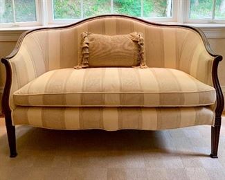 Item 34: Carved Wood Back Settee - 55"l x 23.5"w x 35"h: $495