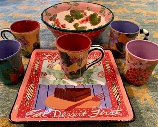 Item 63: Droll Pottery - 5 mugs, square serving plate and bowl - some nicks here and there but very pretty! $30