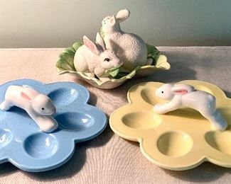 Fitz and Floyd Bunny Salt and Pepper with Underplate and two Jello Egg or Deviled Egg Plates: $25