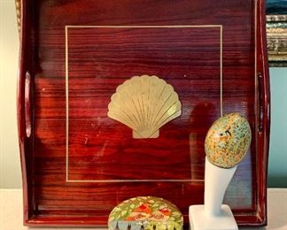 Tray with inlay, trinket box, egg and strange vase: $28
