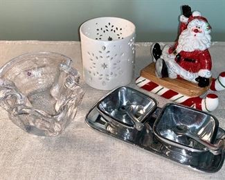 Simon Pierce Tree, Snowflake Votive, Pottery Barn Salt Set, and Fitz & Floyd Santa: $30