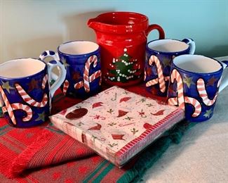 Lot of Christmas, Runner, Napkins, Hand Painted Mugs and Pitcher from Germany: $35